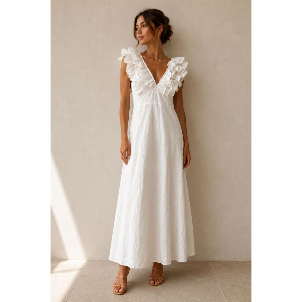 LUSANA Scarlett Linen Ruffled Maxi Dress White Small NEW NWT